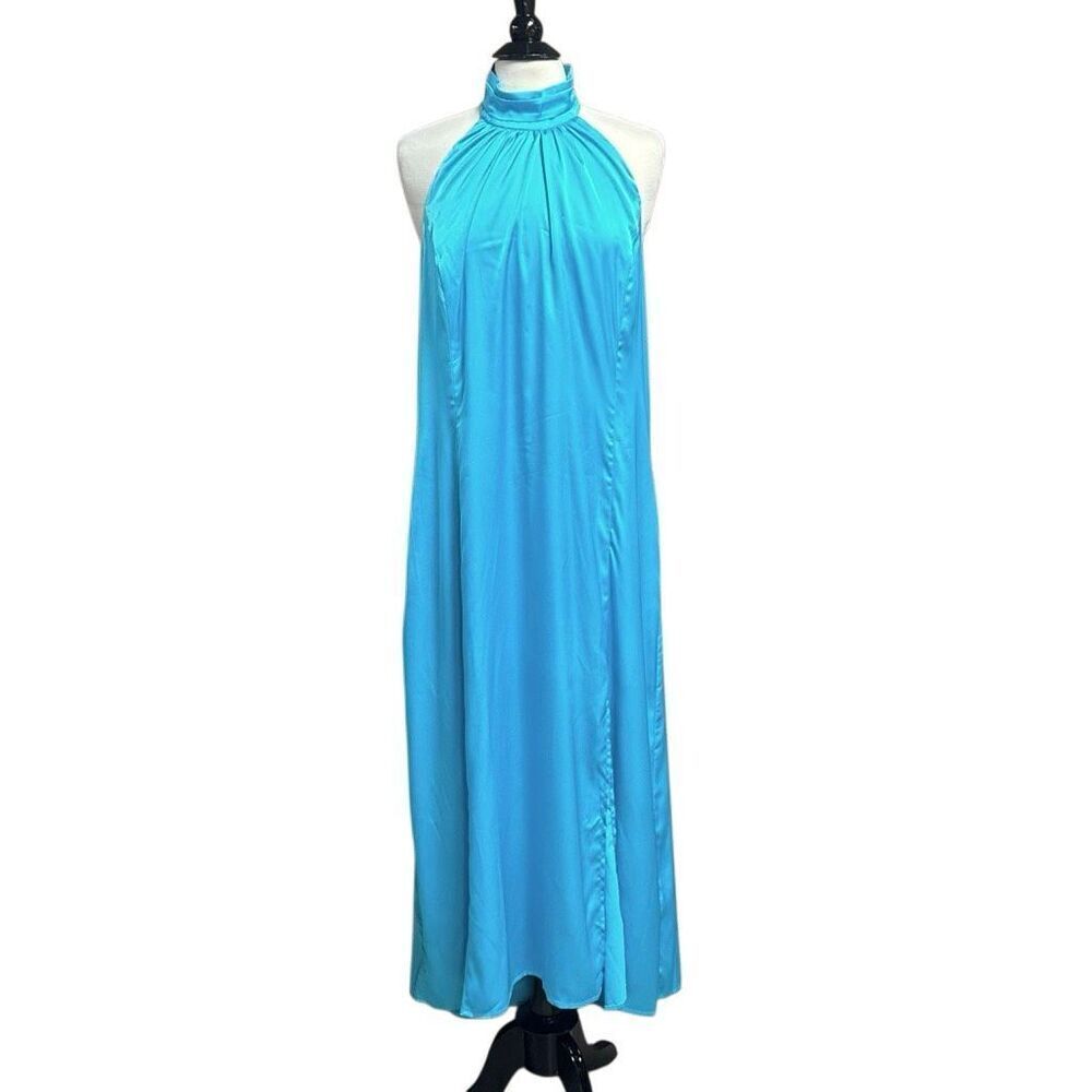 Cache Womens Blue Sleeveless Halter MIDI Dress Sz XL NEW